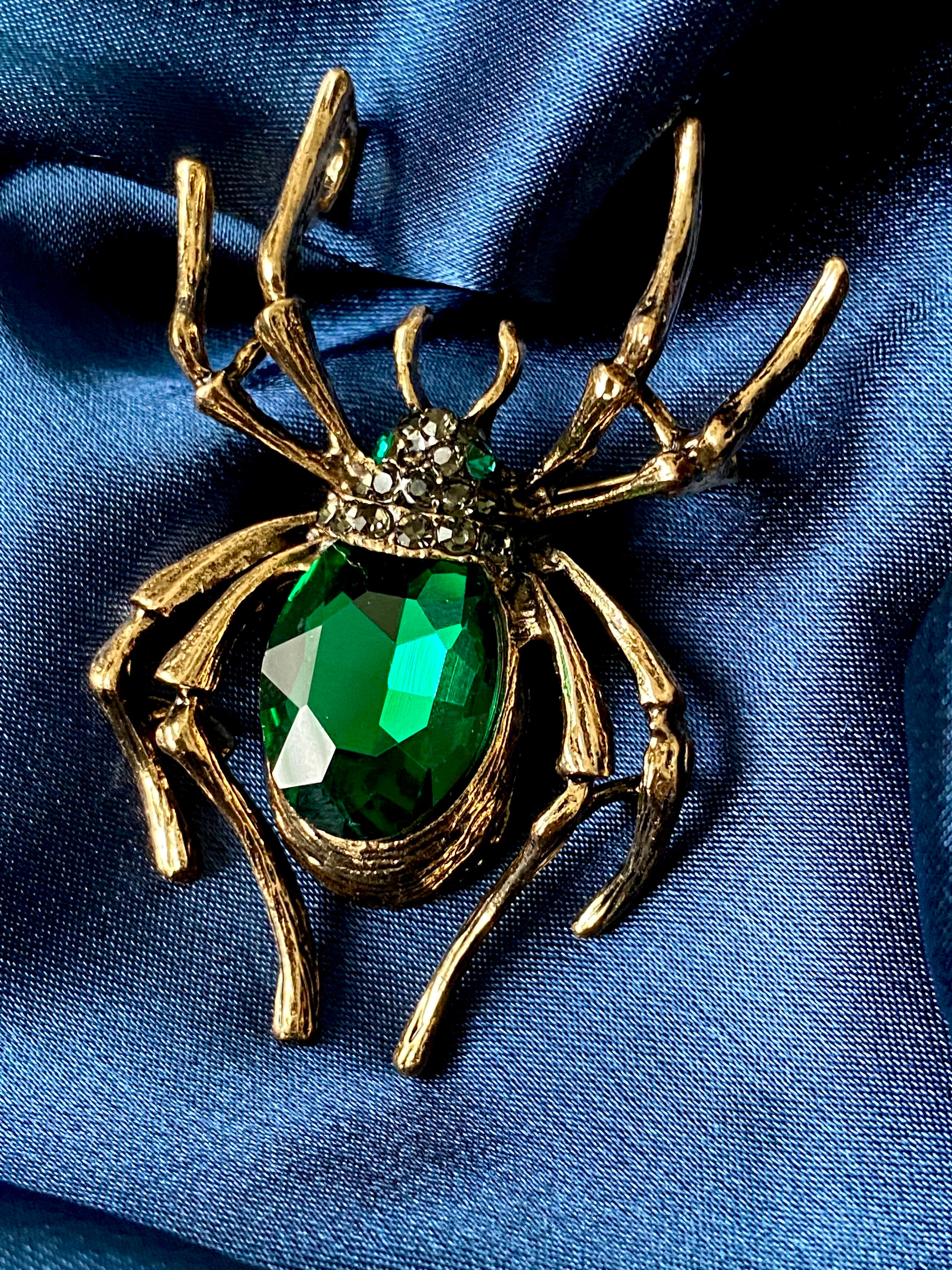 Vintage Large Rhinestone Spider Brooch Pin with Green Eyes